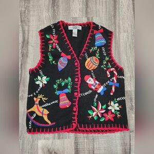 Festive Vintage Black Knit Vest with Colorful Holiday Designs